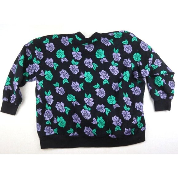 VINTAGE WOMEN'S BLACK PURPLE ROSE PRINT PULLOVER SWEATER - BY SUCCESS - ONE SIZE - Picture 5 of 5